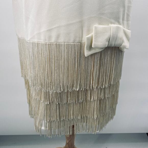 Vintage 80s Fringe Trim Dress Drop Waist Bow Detail Long Sleeves Ivory Womens 10 - Picture 4 of 12